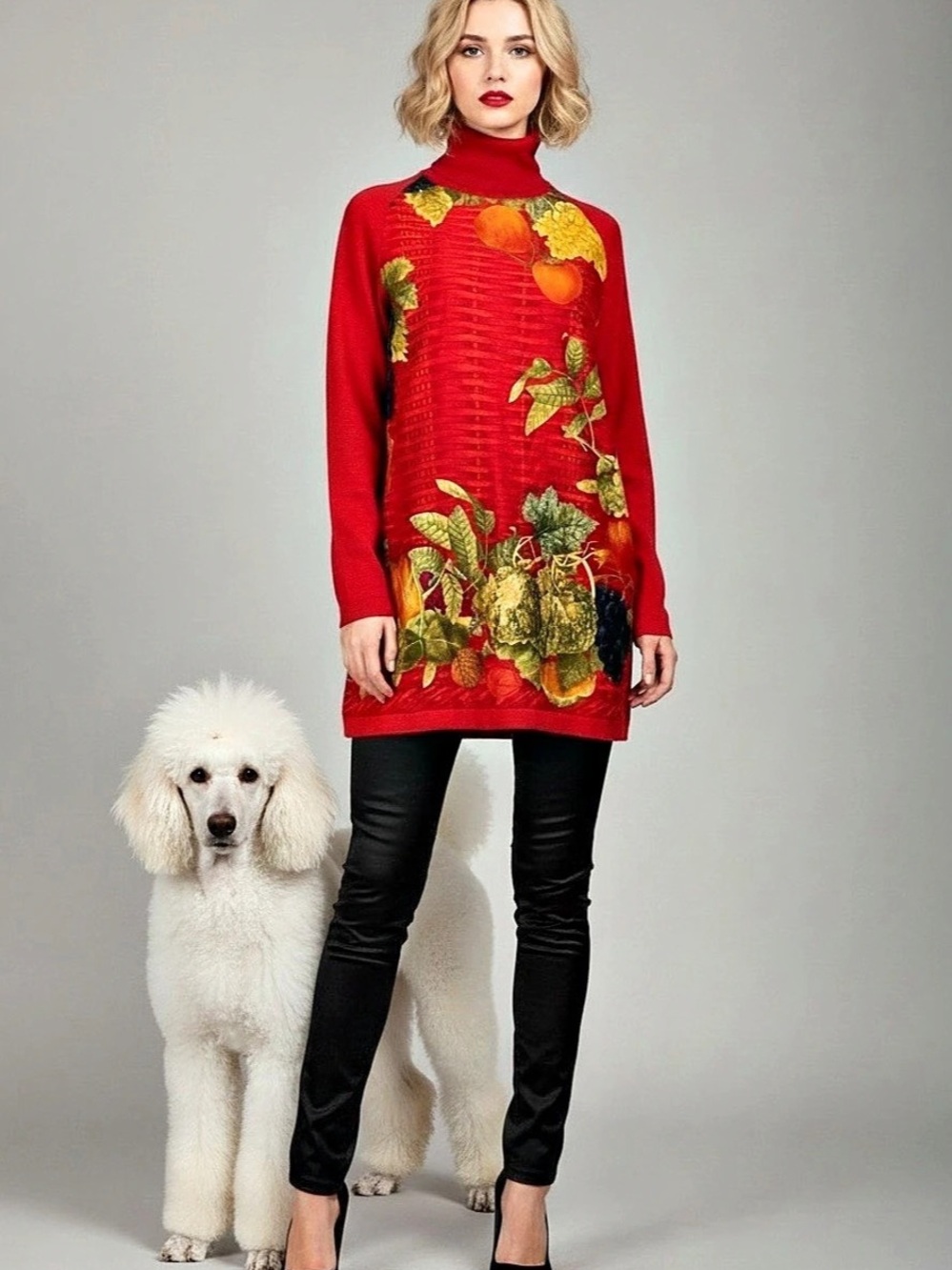Gucci Silk Floral Fruit Print Turtleneck Tunic in Red Size Medium